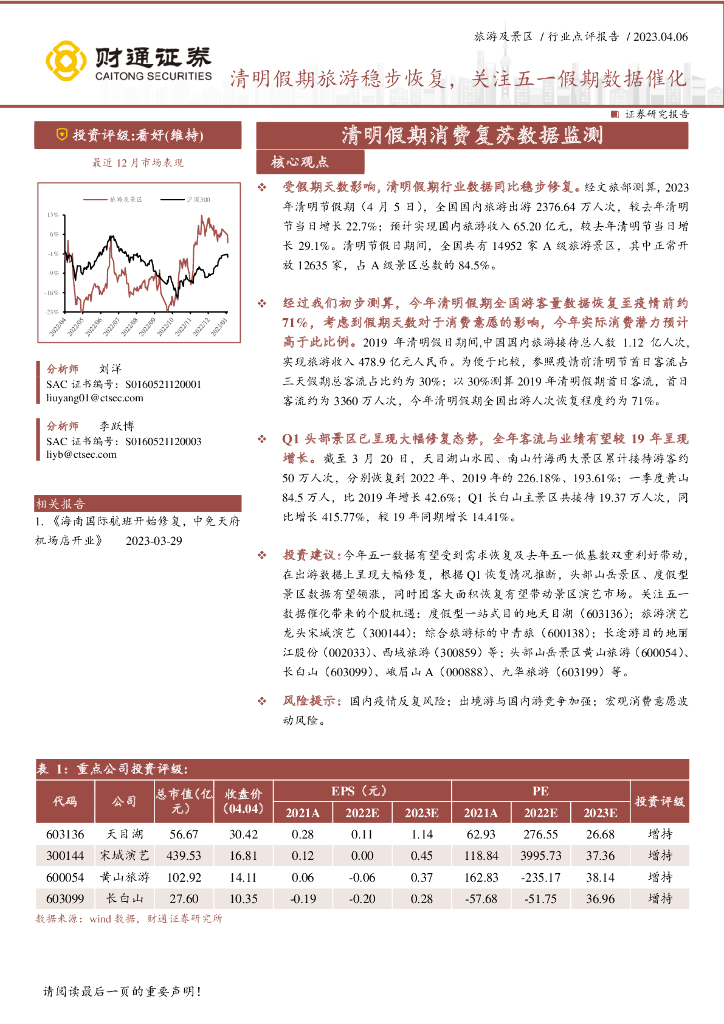 财通证券：旅游及景区：清明假期消费复苏数据监测-清明假期旅游稳步恢复，关注五一假期数据催化