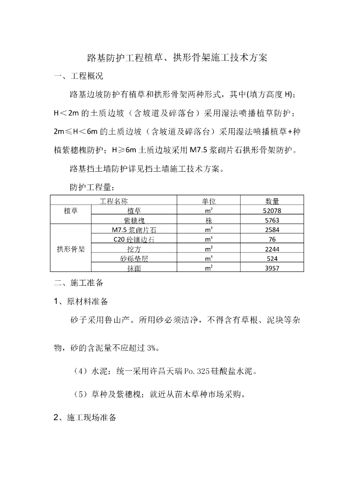 路基防护工程植草、拱形骨架施工技术方案