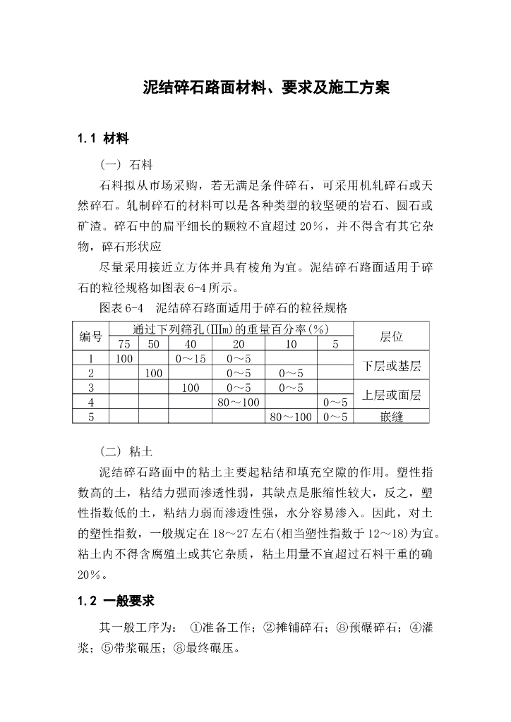 泥结碎石路面材料、要求及施工方案