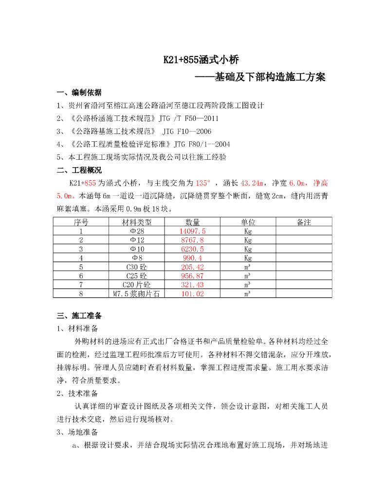 涵式小桥基础及下部构造施工方案（9页）