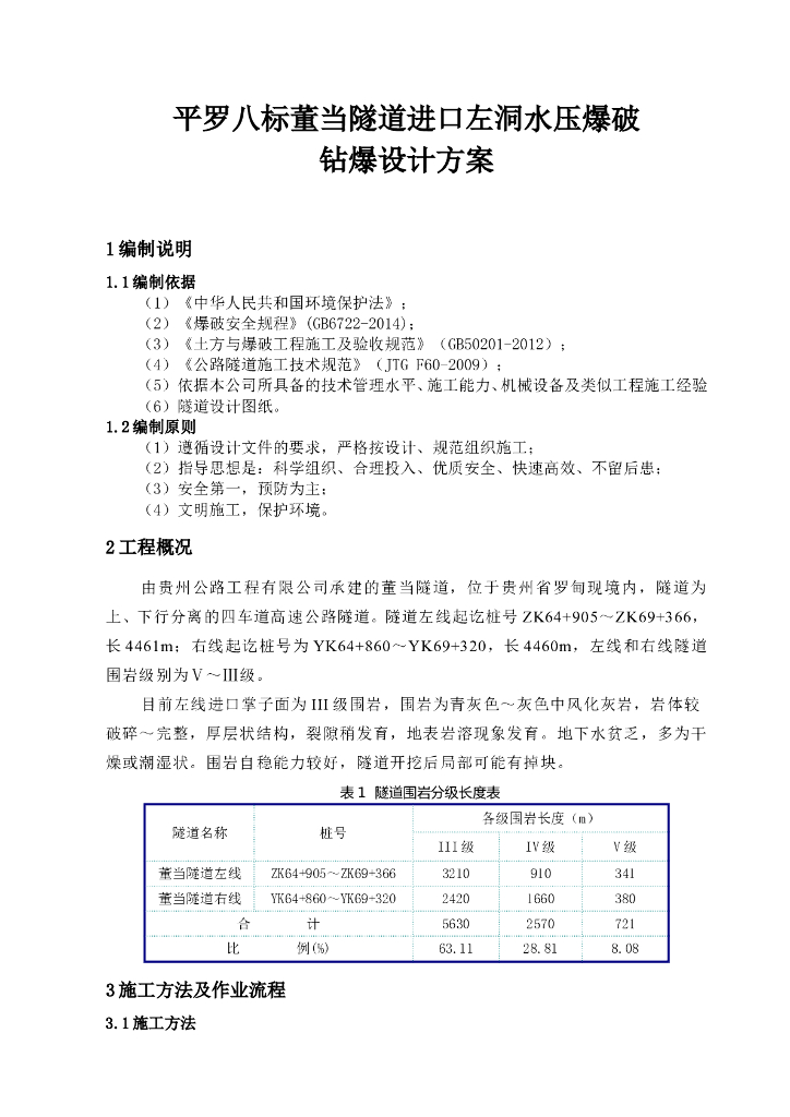 隧道进口左洞水压爆破钻爆设计方案2017