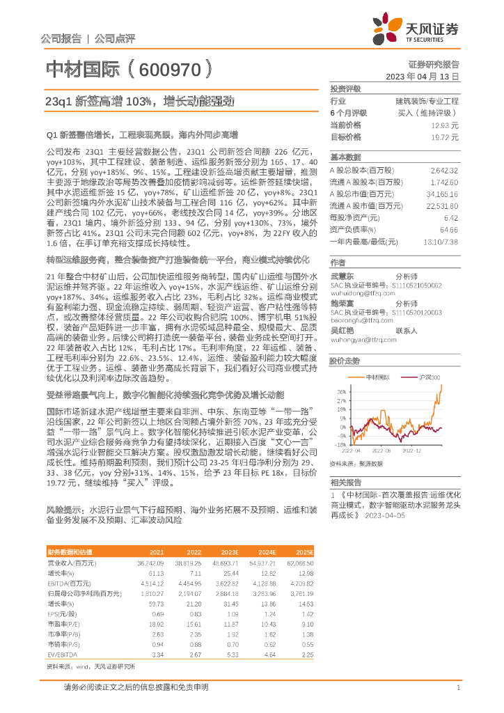 天风证券：中材国际（600970）-23q1新签高增103%，增长动能强劲 海报