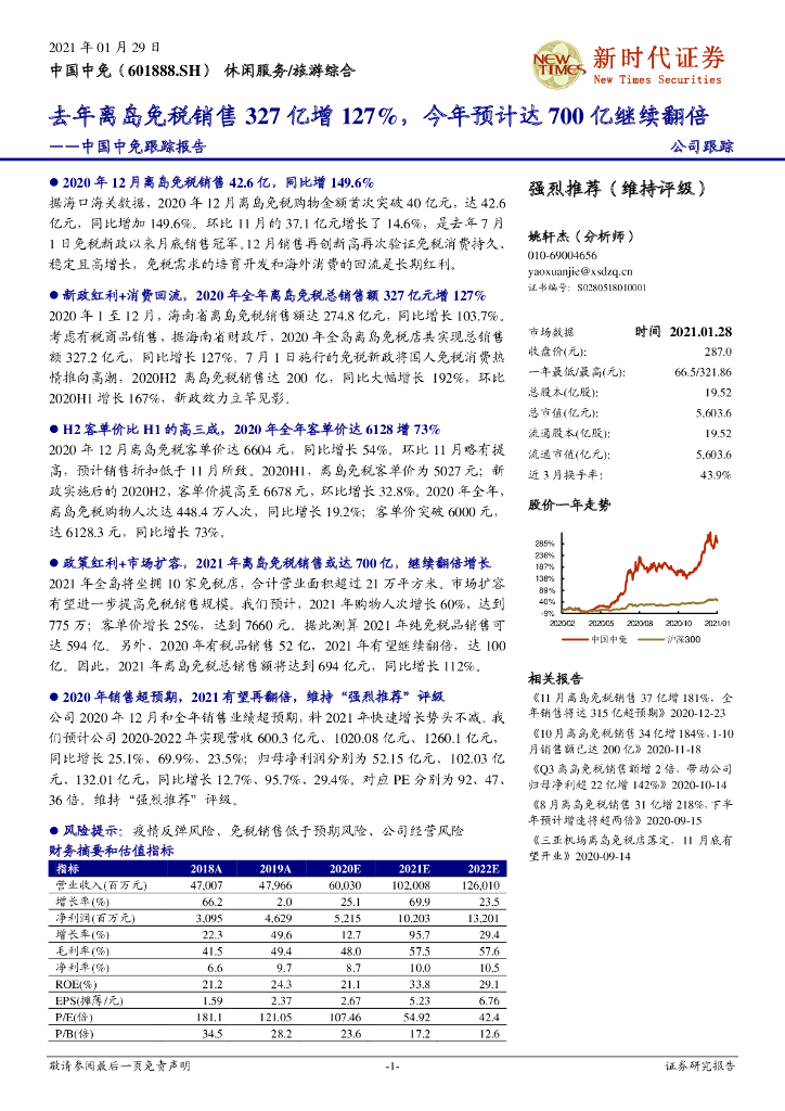 新时代证券：中国中免跟踪报告：去年离岛免税销售327亿增127%，今年预计达700亿继续翻倍