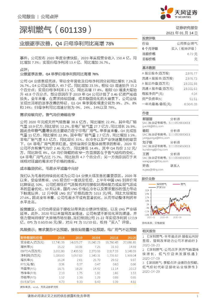 天风证券：深圳燃气（601139）-业绩逐季改善，Q4归母净利同比高增78%