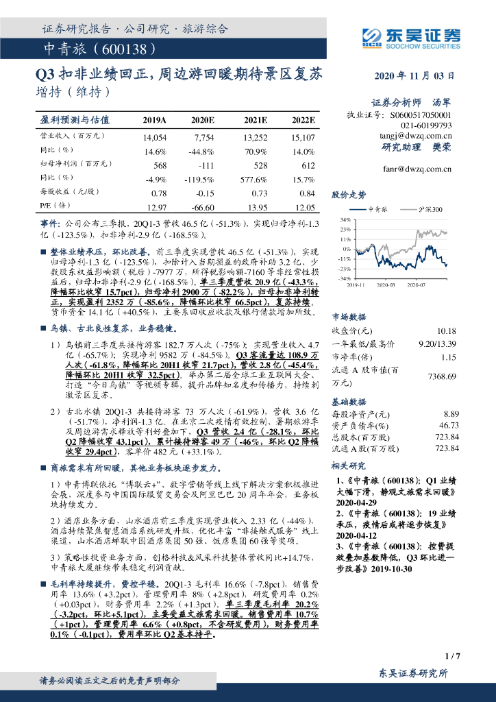 东吴证券：中青旅（600138）-Q3扣非业绩回正，周边游回暖期待景区复苏