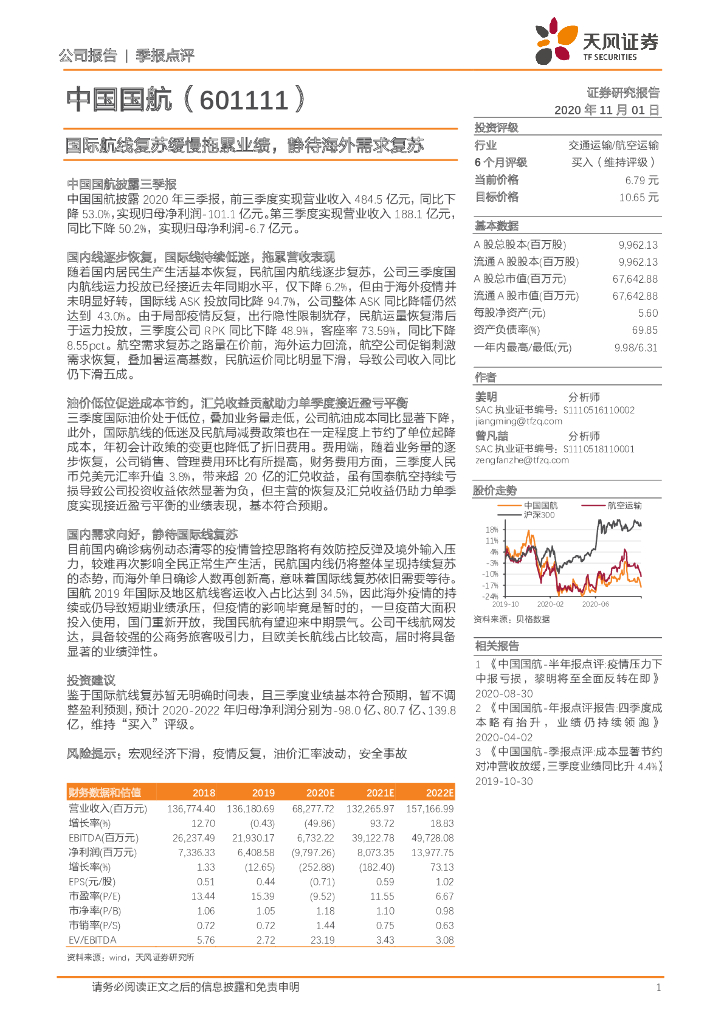 天风证券：中国国航（601111）-国际航线复苏缓慢拖累业绩，静待海外需求复苏