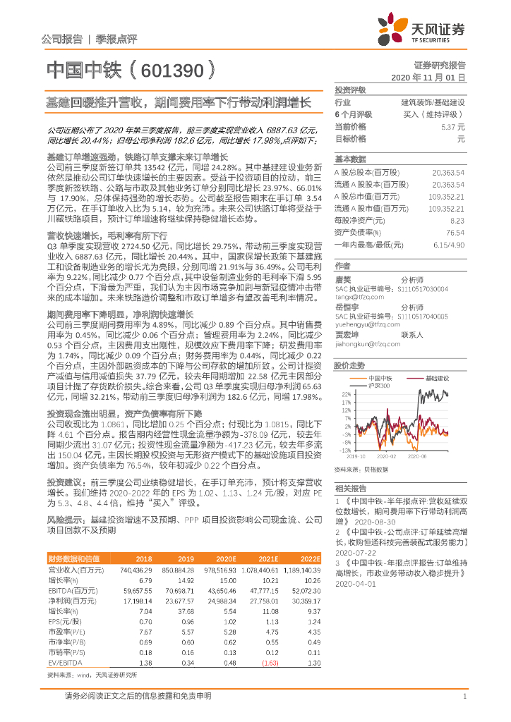 天风证券：中国中铁（601390）-基建回暖推升营收，期间费用率下行带动利润增长