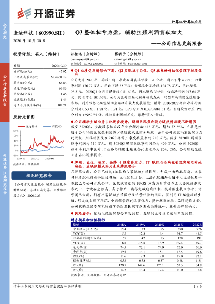 开源证券：麦迪科技（603990）-公司信息更新报告：Q3整体扭亏为盈，<em>辅助生殖</em>利润贡献加大