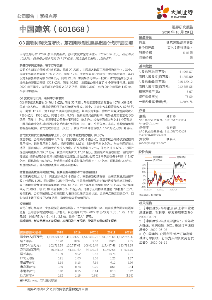 天风证券：中国建筑（601668）-Q3营收利润快速增长，第四期限制性股票激励计划开启回购