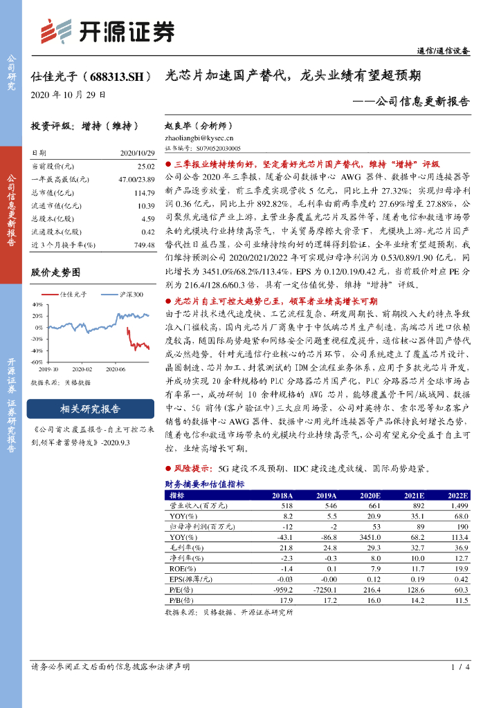 开源证券:仕佳光子(688313)-公司信息更新报告:光<em>芯片</em>加速国产替代,龙头业绩有望超预期 海报