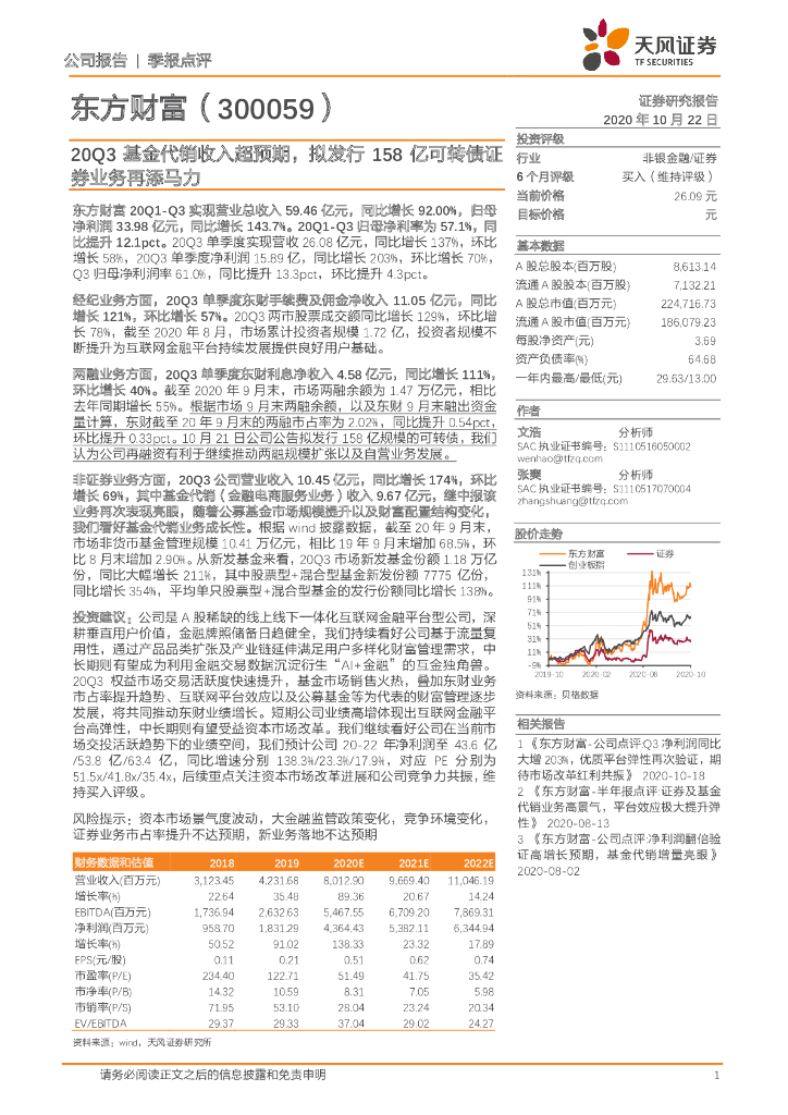 天风证券：东方财富（300059）-20Q3基金代销收入超预期，拟发行158亿可转债证券业务再添马力