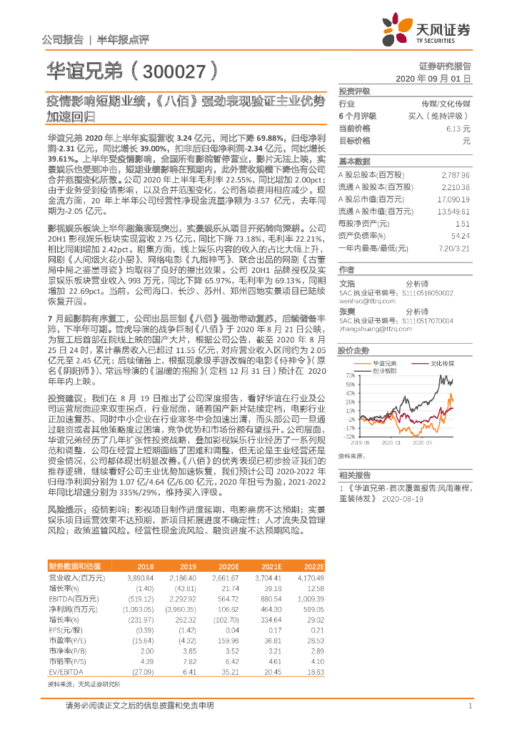 天风证券：华谊兄弟（300027）-疫情影响短期业绩，《八佰》强劲表现验证主业优势加速回归