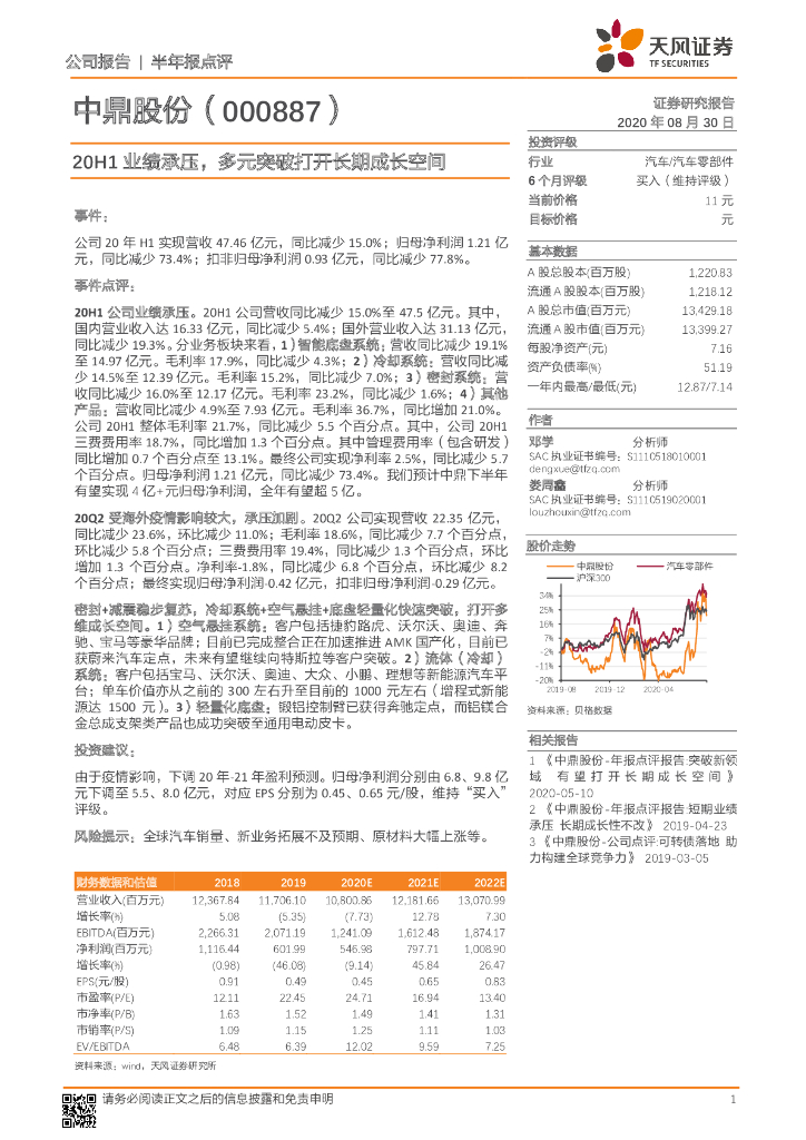 天风证券：中鼎股份（000887）-20H1业绩承压，多元突破打开长期成长空间
