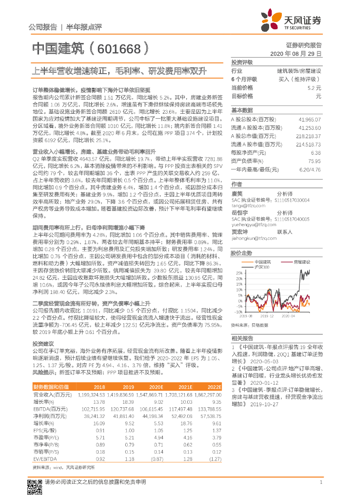 天风证券：中国建筑（601668）-上半年营收增速转正，毛利率、研发费用率双升