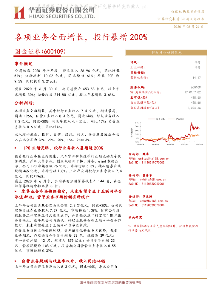 华西证券：国金证券（600109）-各项业务全面增长，投行暴增200%