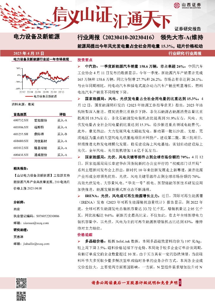山西证券：电力设备及新<em>能源</em>行业周报：<em>能源</em>局提出今年风光发电量占全社会用电量15.3%，硅片价格松动 海报