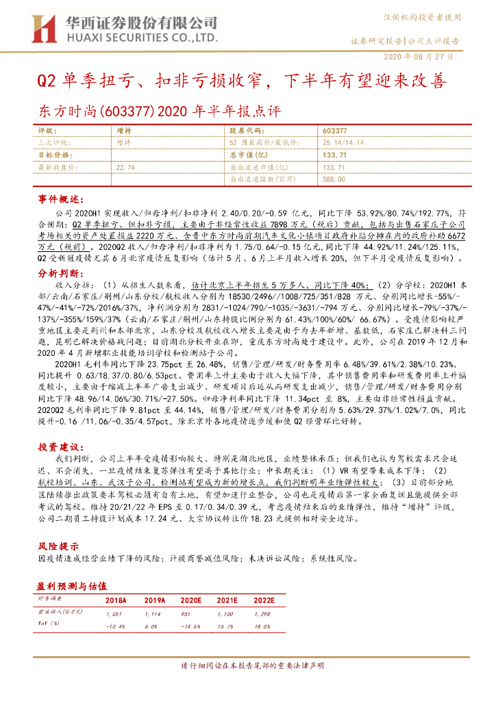 华西证券：东方时尚（603377）-2020年半年报点评：Q2单季扭亏、扣非亏损收窄，下半年有望迎来改善