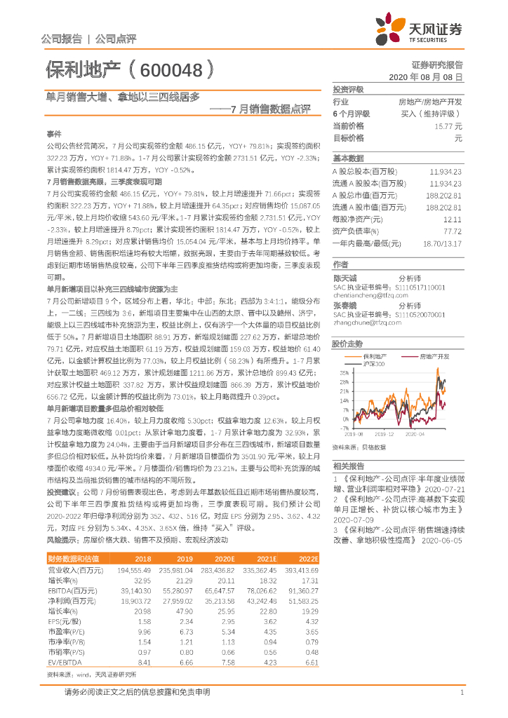 天风证券：保利地产（600048）-7月销售数据点评：单月销售大增、拿地以三四线居多