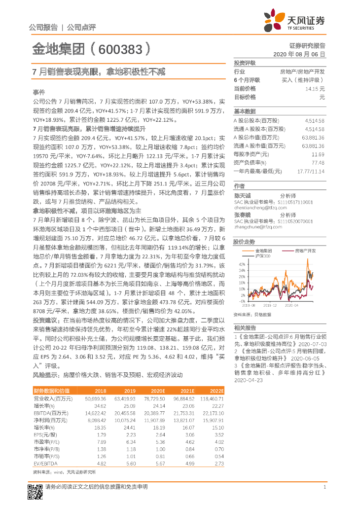 天风证券：金地集团（600383）-7月销售表现亮眼，拿地积极性不减