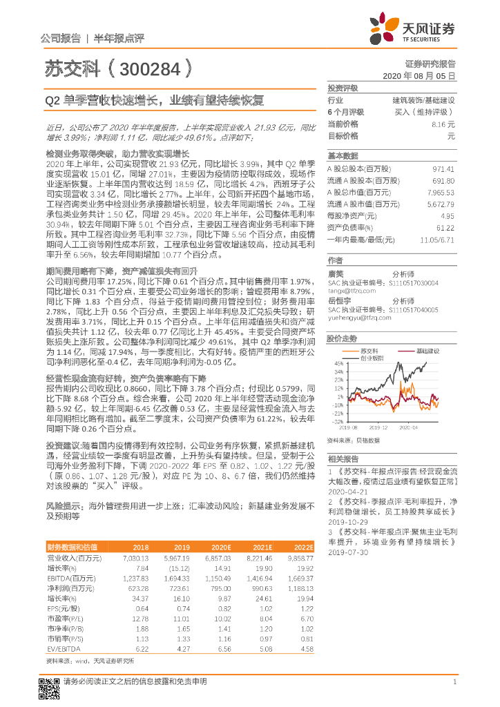 天风证券：苏交科（300284）-Q2单季营收快速增长，业绩有望持续恢复