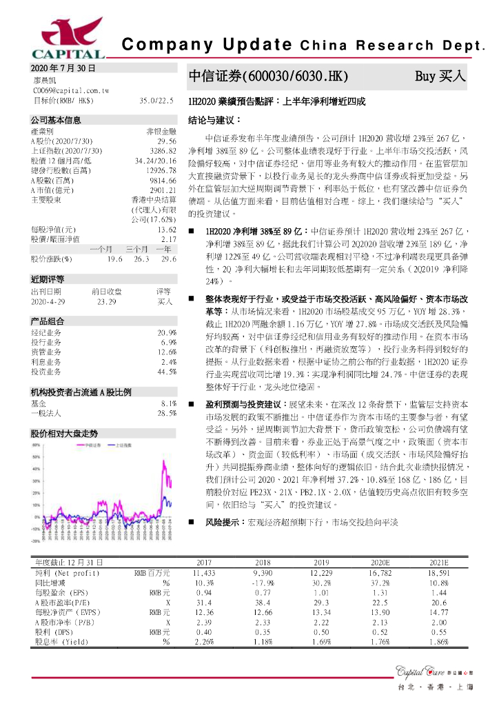 群益证券：中信证券（600030）-1H2020业绩预告点评：上半年净利增近四成