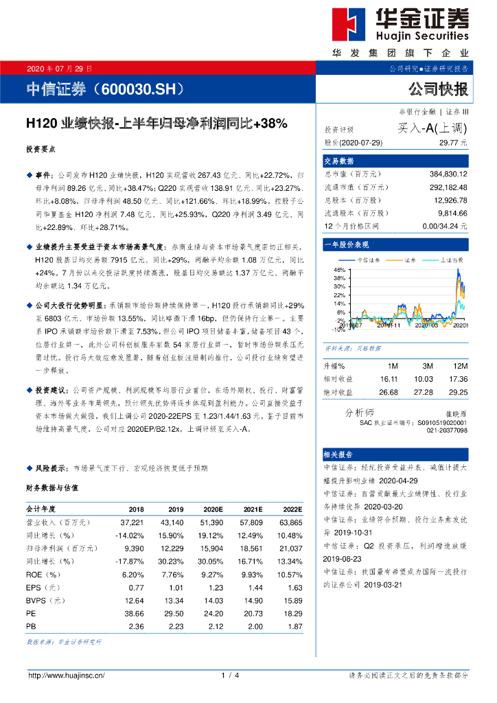 华金证券：中信证券（600030）-H120业绩快报-上半年归母净利润同比+38%