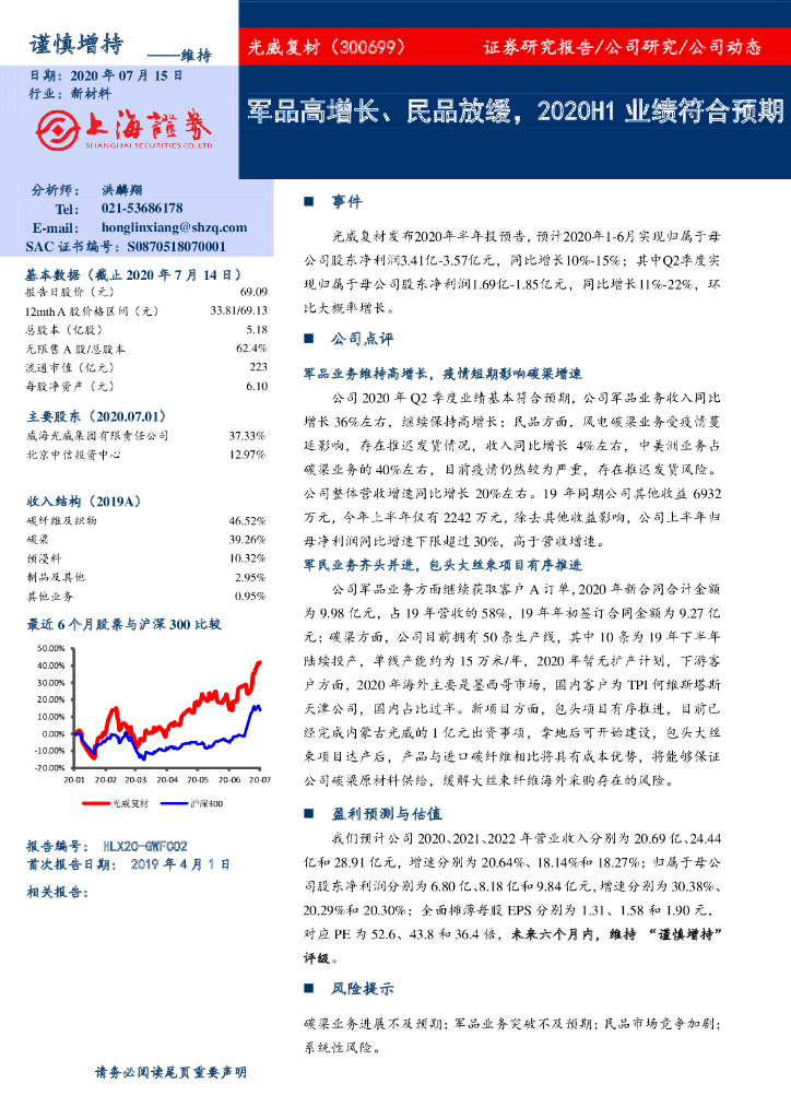 上海证券：光威复材（300699）-军品高增长、民品放缓，2020H1业绩符合预期