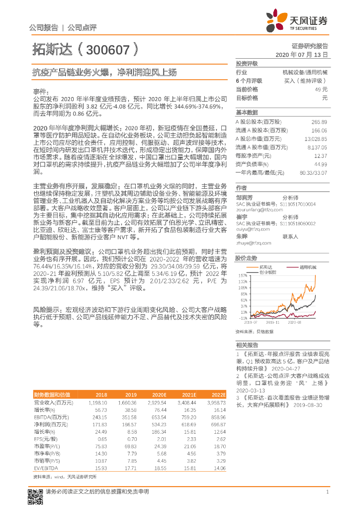 天风证券：拓斯达（300607）-抗疫产品链业务火爆，净利润迎风上扬