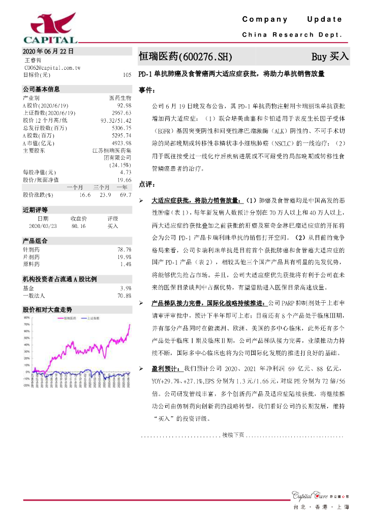 群益证券：恒瑞医药（600276）-PD-1单抗肺癌及食管癌两大适应症获批，将助力单抗销售放量