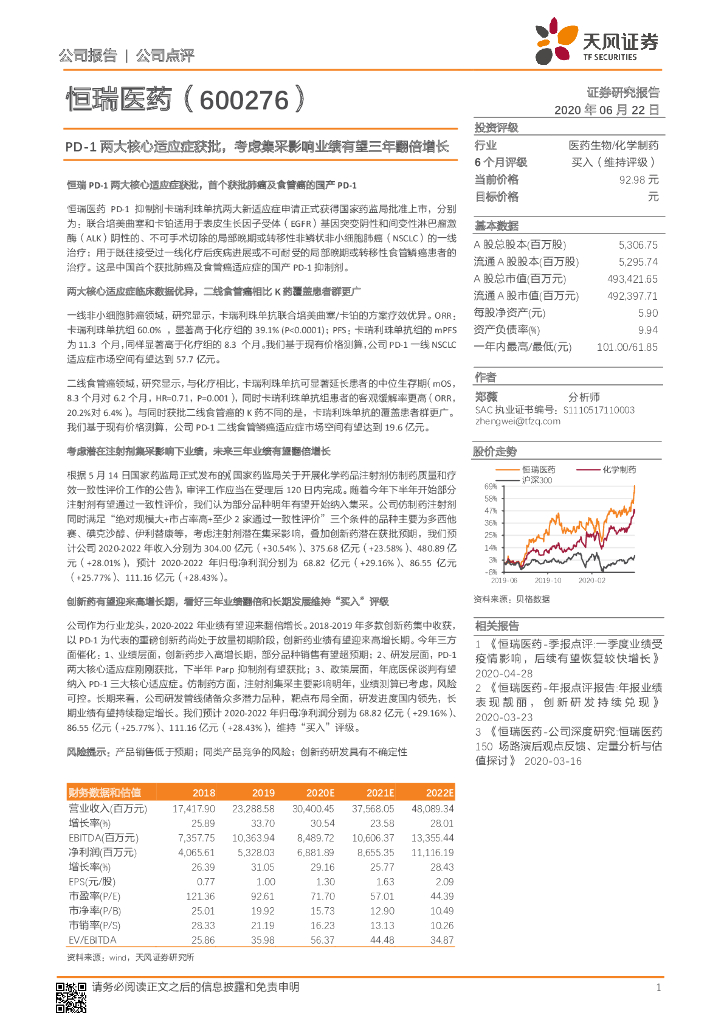 天风证券：恒瑞医药（600276）-PD-1两大核心适应症获批，考虑集采影响业绩有望三年翻倍增长