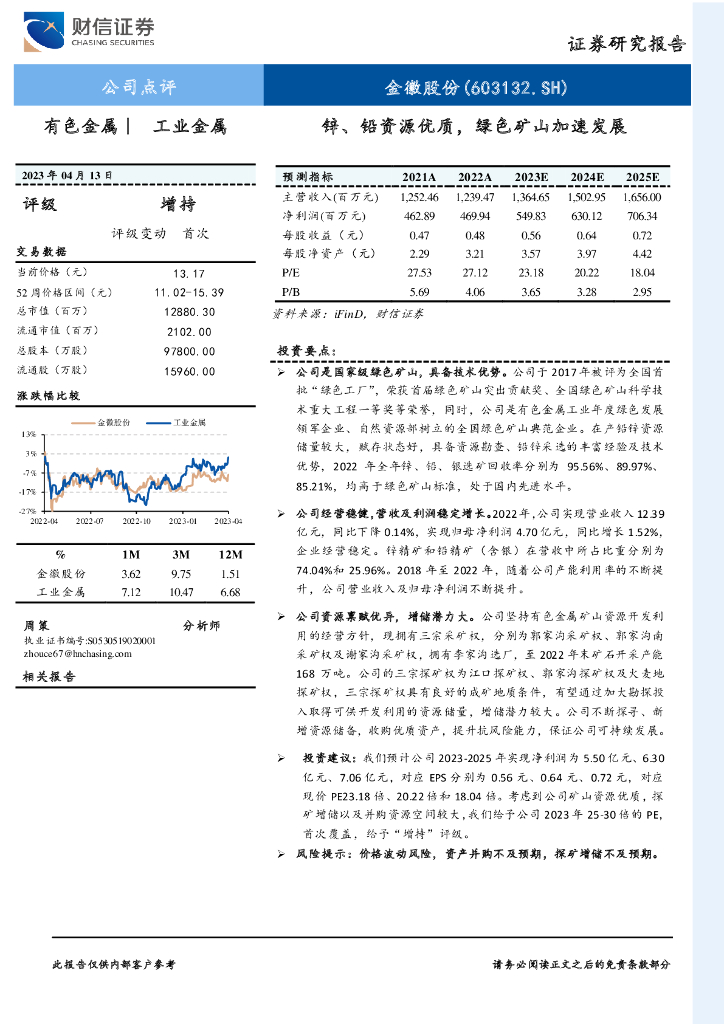 财信证券：金徽股份（603132）-锌、铅资源优质，绿色矿山加速发展