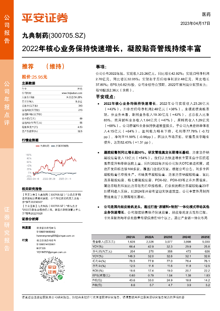 平安证券：九典制药（300705）-2022年核心业务保持快速增长，凝胶贴膏管线持续丰富