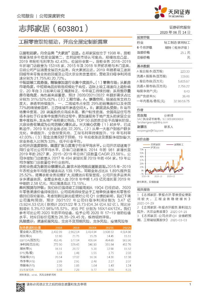 天风证券：志邦家居（603801）-工程零售双轮驱动，开启全屋定制新篇章
