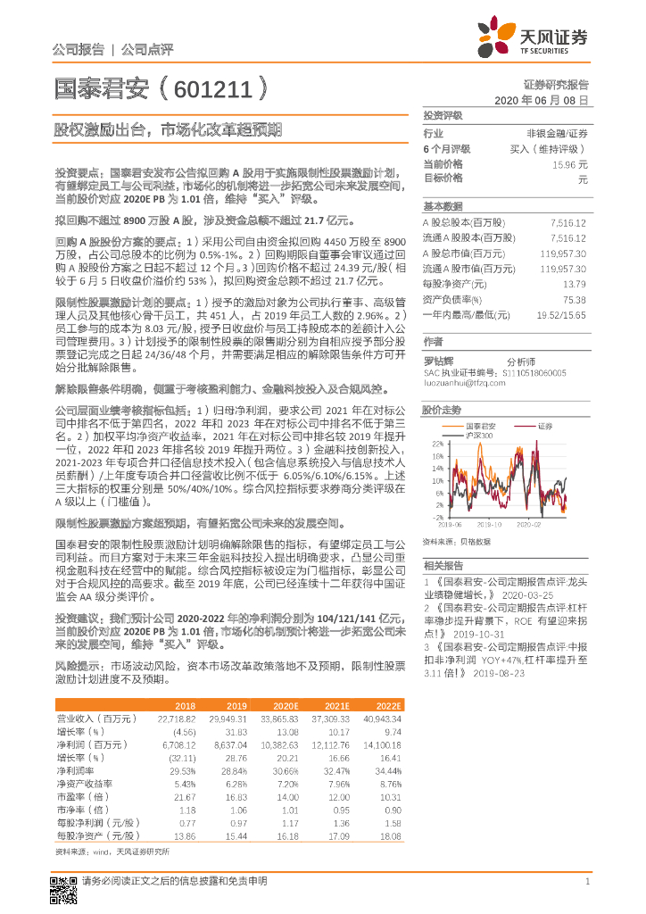 天风证券：国泰君安（601211）-股权激励出台，市场化改革超预期