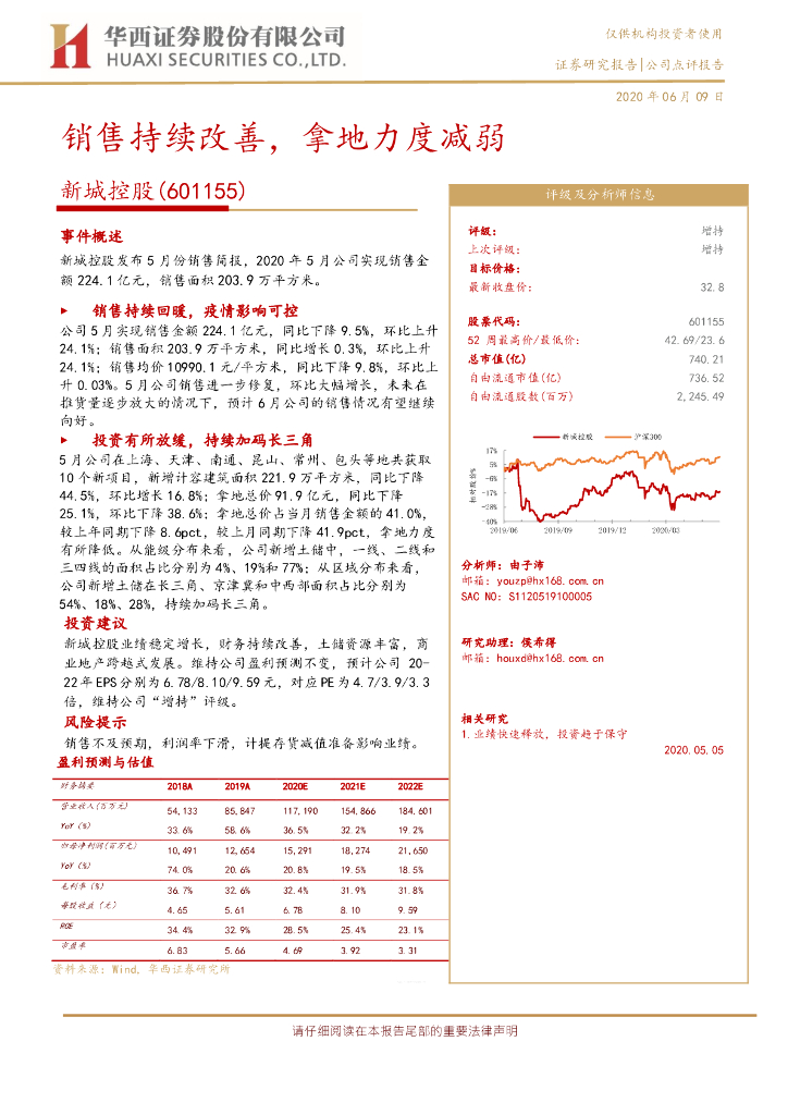 华西证券：新城控股（601155）-销售持续改善，拿地力度减弱