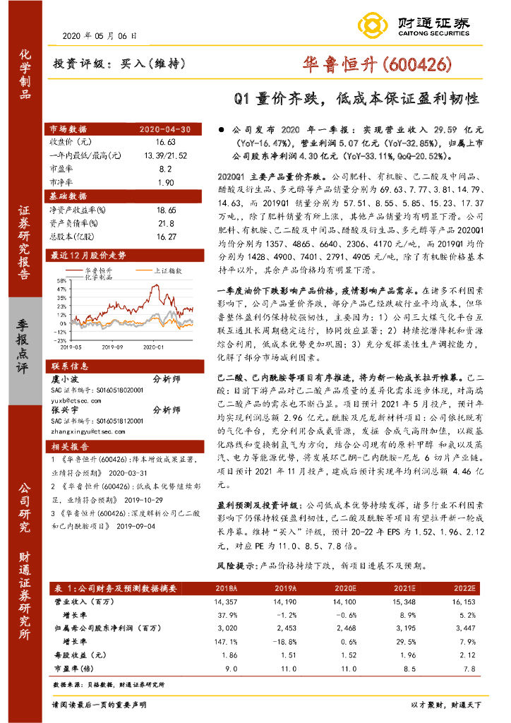 财通证券：华鲁恒升（600426）-Q1量价齐跌，低成本保证盈利韧性