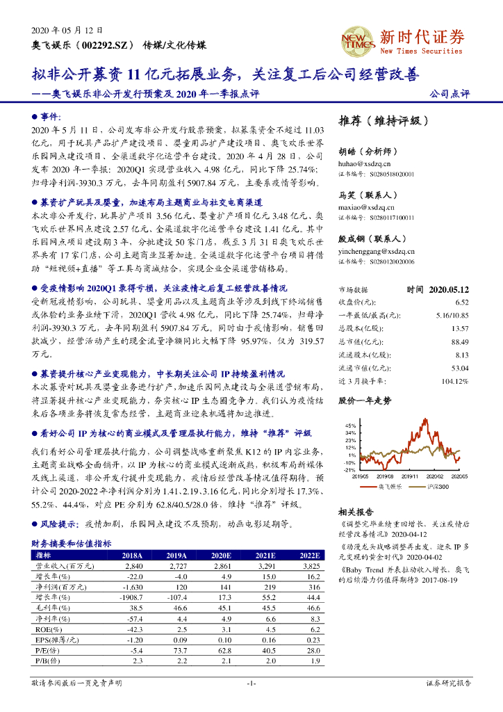 新时代证券：奥飞娱乐非公开发行预案及2020年一季报点评：拟非公开募资11亿元拓展业务，关注复工后公司经营改善
