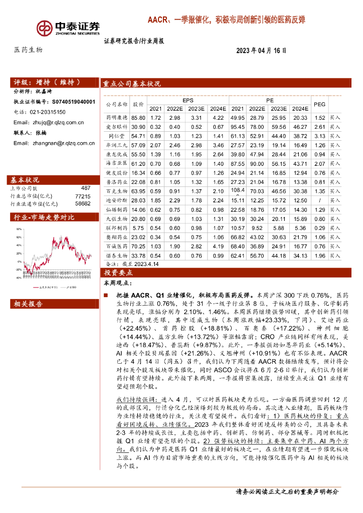 中泰证券：医药生物行业周报：AACR、一季报催化，积极布局创新引领的医药反弹