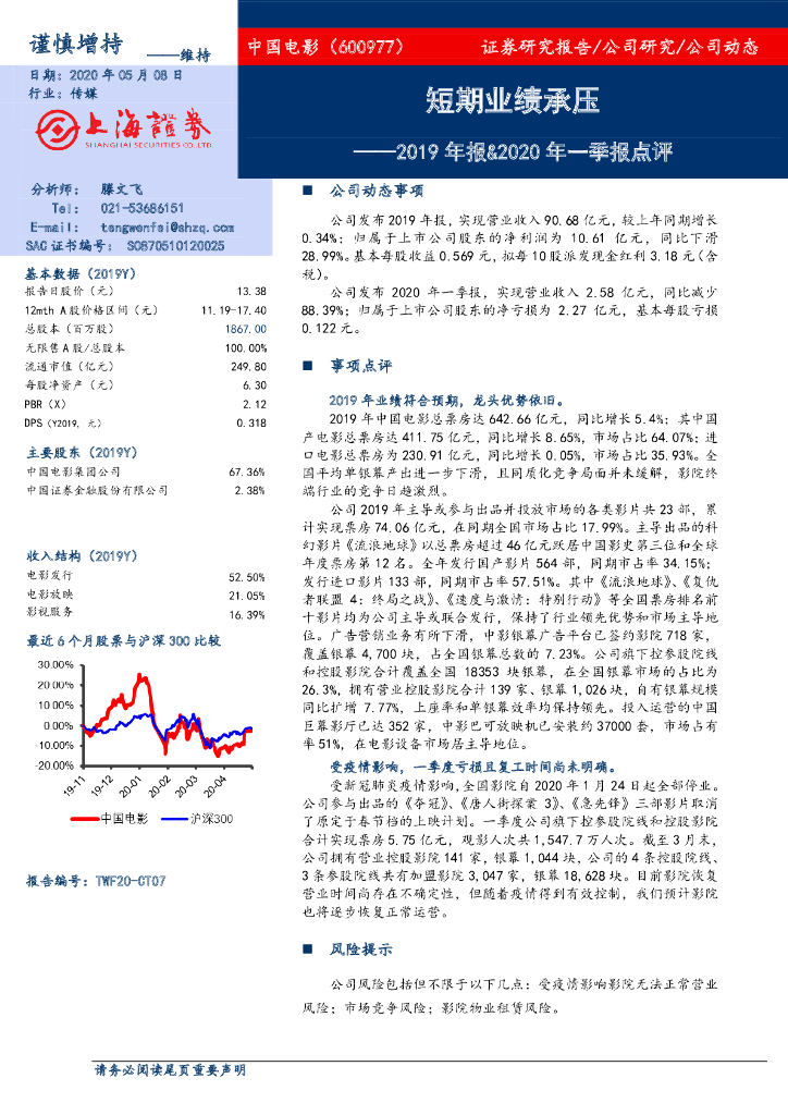 上海证券：中国电影（600977）-2019年报&2020年一季报点评：短期业绩承压