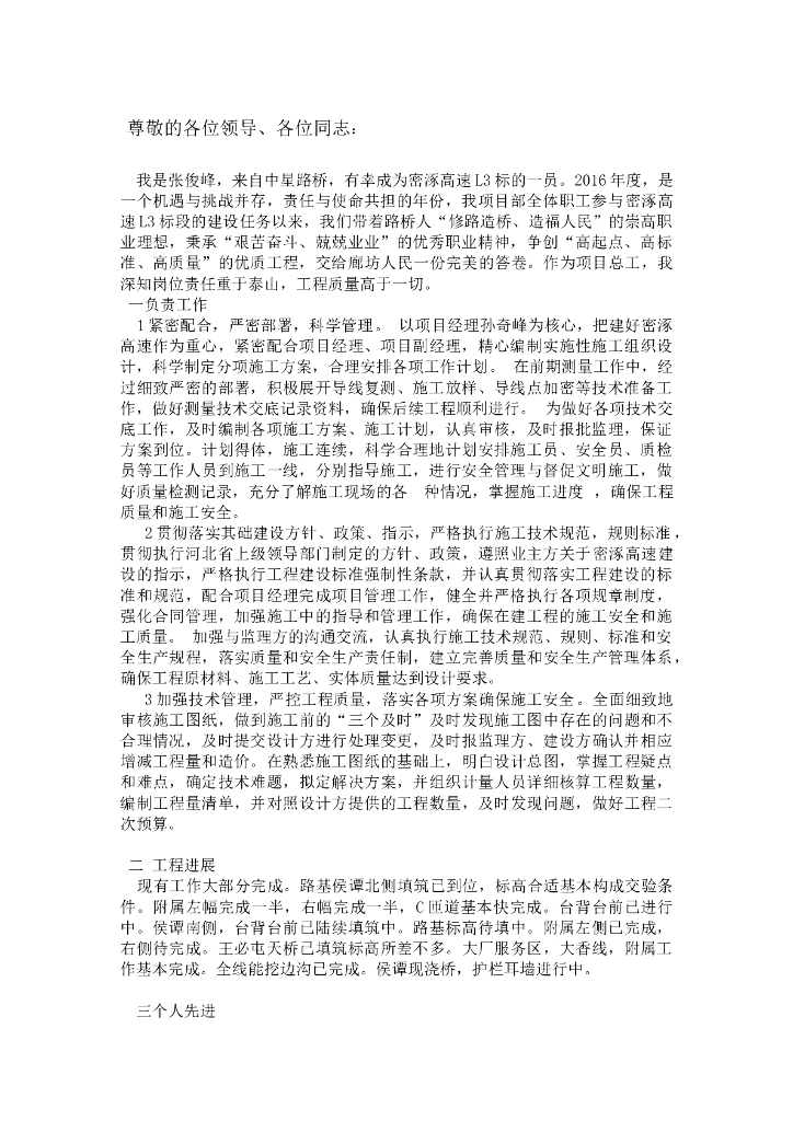 路桥总工个人工作总结(word，2页）