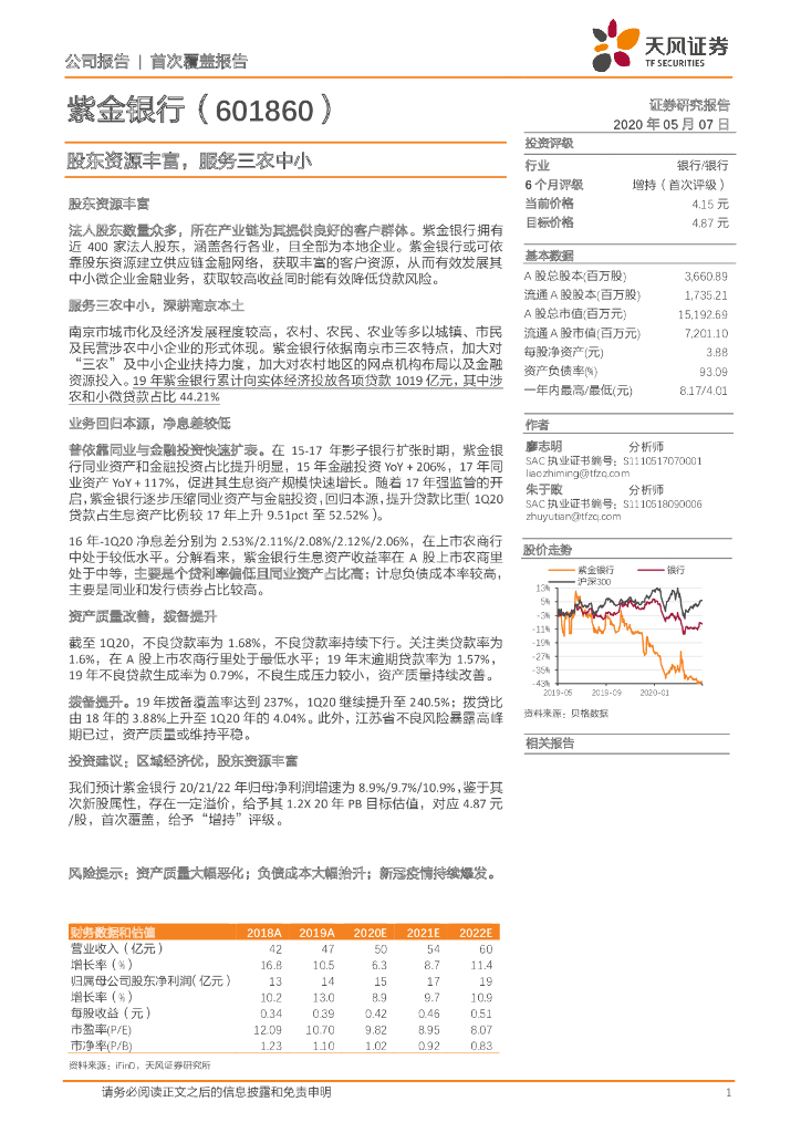 天风证券：紫金银行（601860）-股东资源丰富，服务三农中小