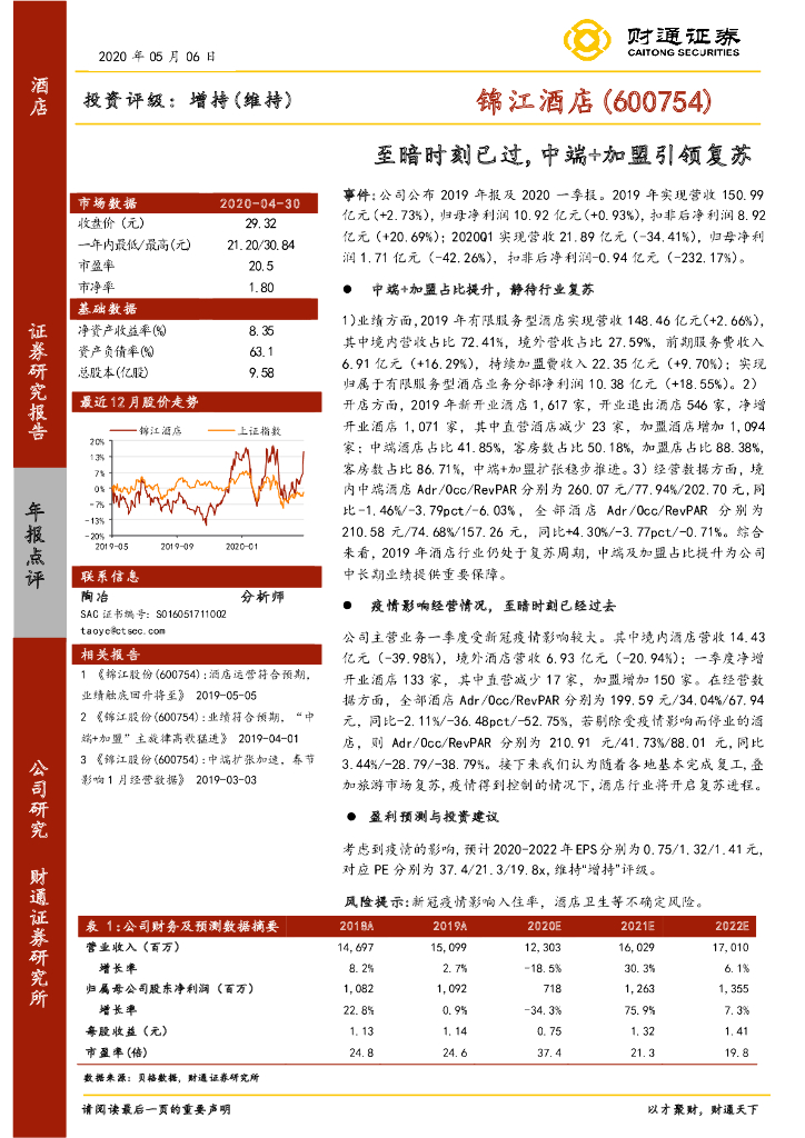 财通证券：锦江酒店（600754）-至暗时刻已过，中端+加盟引领复苏