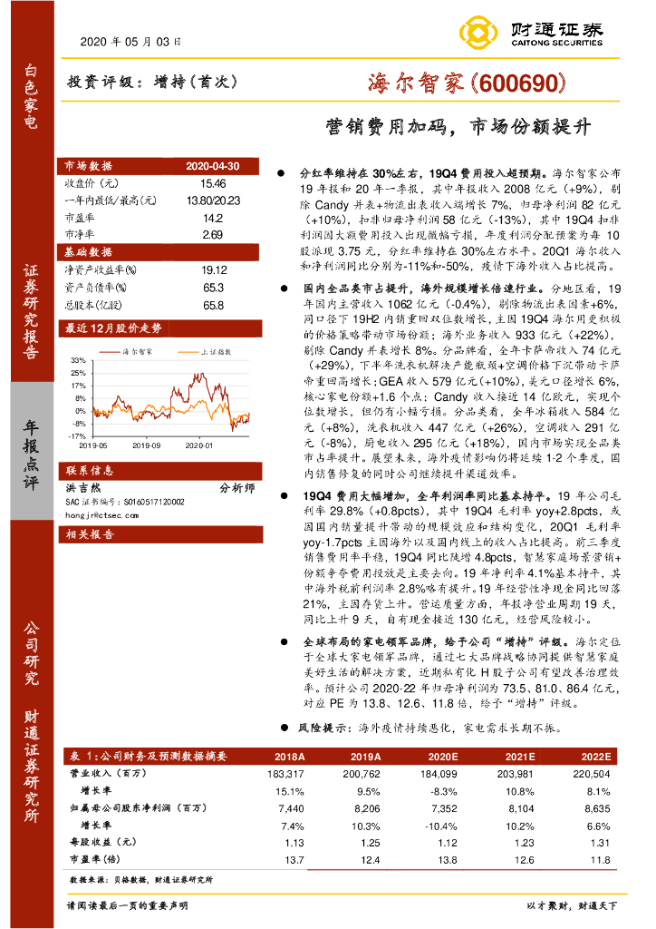 财通证券：海尔智家（600690）-营销费用加码，市场份额提升