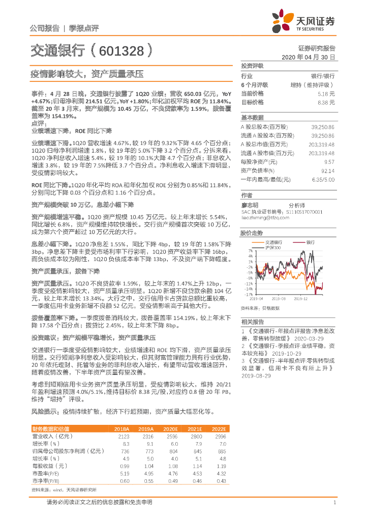 天风证券：交通银行（601328）-疫情影响较大，资产质量承压