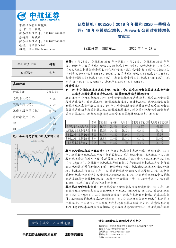 中航证券：日发精机（002520）-2019年年报和2020一季报点评：19年业绩稳定增长，Airwork公司对业绩增长贡献大
