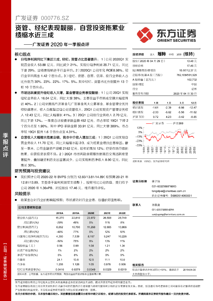 东方证券：广发证券2020年一季报点评：资管、经纪表现靓丽，自营投资拖累业绩缩水近三成