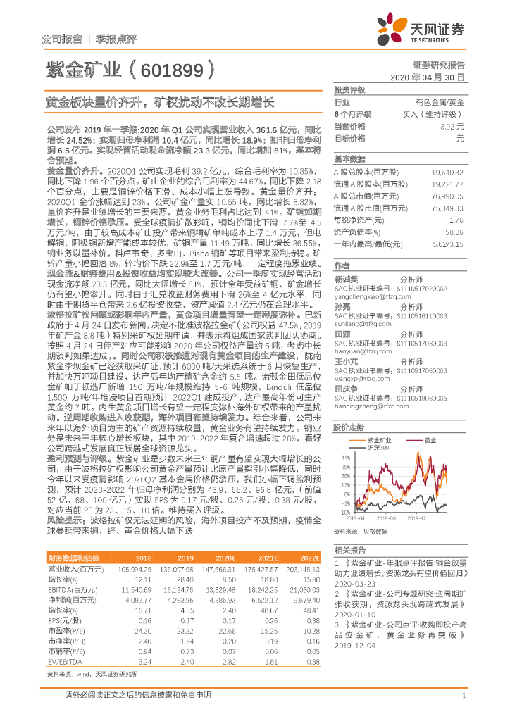 天风证券：紫金矿业（601899）-黄金板块量价齐升，矿权扰动不改长期增长