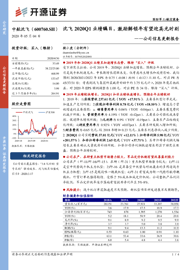 开源证券：中航沈飞（600760）-公司信息更新报告：沈飞2020Q1业绩瞩目，激励解锁年有望迎高光时刻