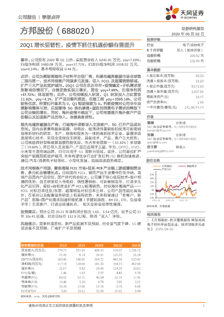 天风证券：方邦股份（688020）-20Q1增长显韧性，疫情下抓住机遇份额有望提升