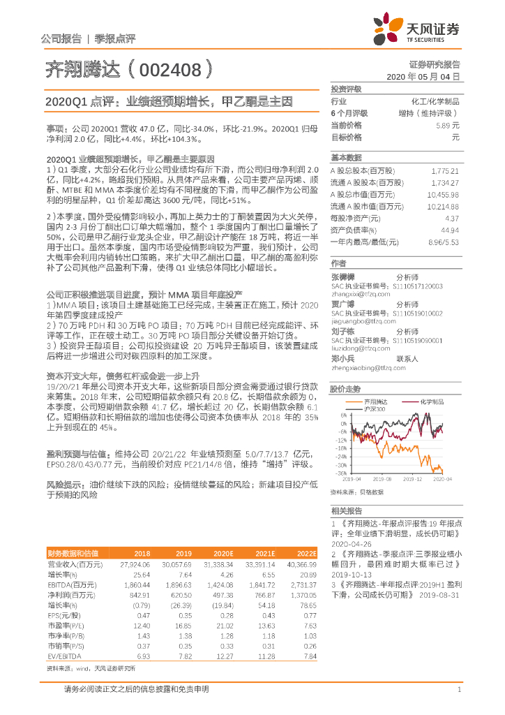 天风证券：齐翔腾达（002408）-2020Q1点评：业绩超预期增长，甲乙酮是主因